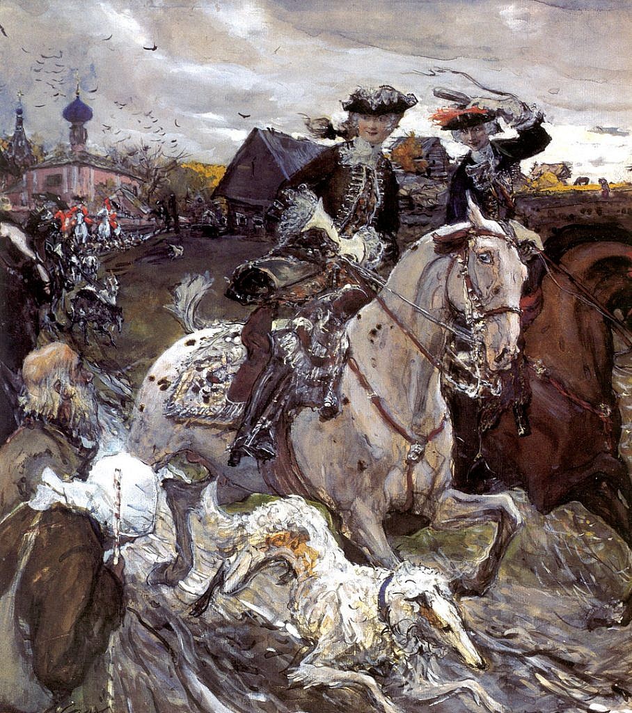 Peter II and Empress Elizabeth Petrovna Departure on Hunting (1900),  Valentin Serov.