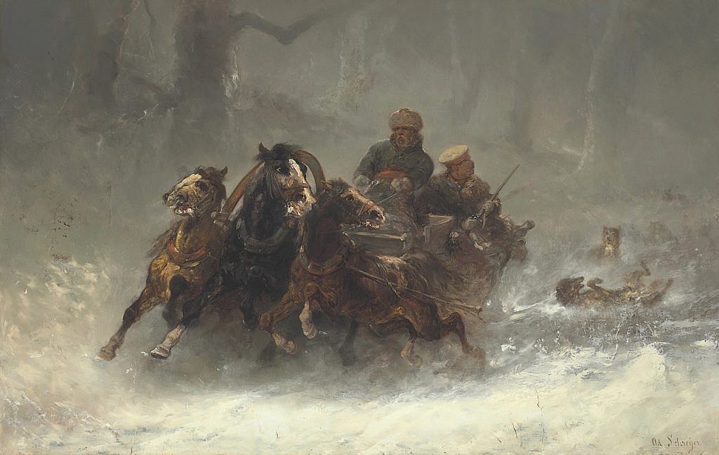 A Troika Pursued by Wolves, Adolf Schreyer (1828-1899). Man versus wolf has been a favorite Russian theme for centuries.