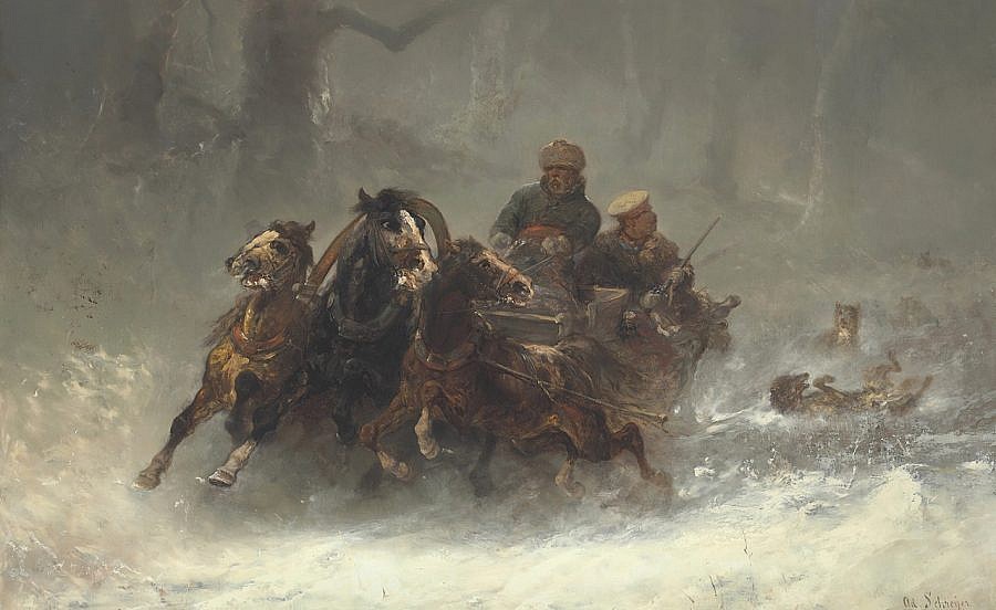 A Troika Pursued by Wolves, Adolf Schreyer (1828-1899). Man versus wolf has been a favorite Russian theme for centuries.