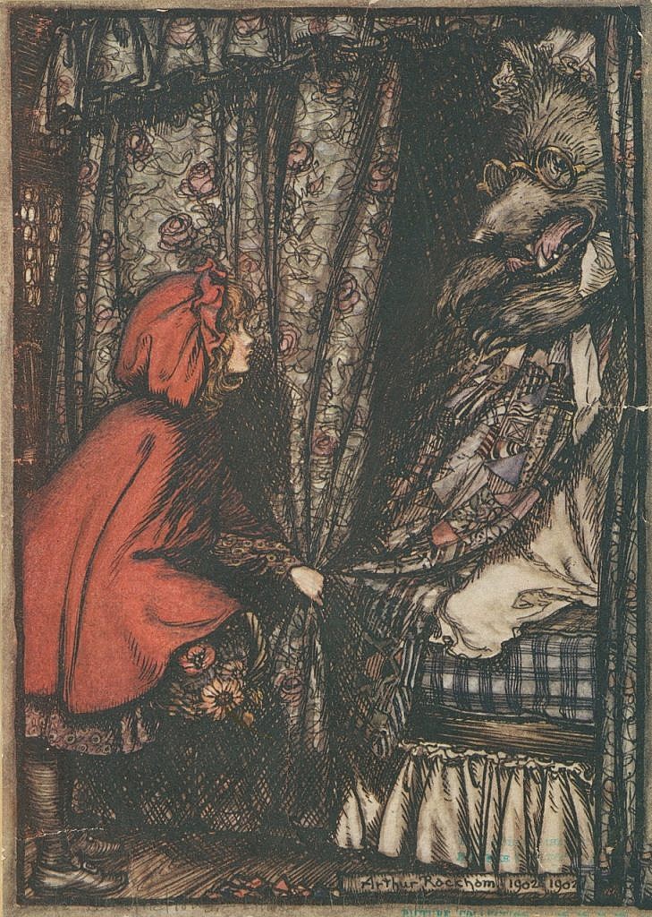 The Wolf Disguised as Grandmother, illustration by Arthur Rackham (1867-1939). What big teeth you have, Grandma.